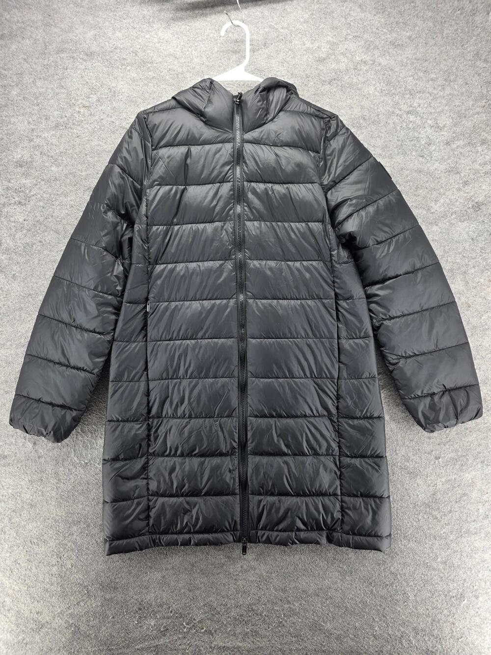 Athleta Coat Womens S Black Puffer Hooded Mid Length Full Zip Pockets Insulated